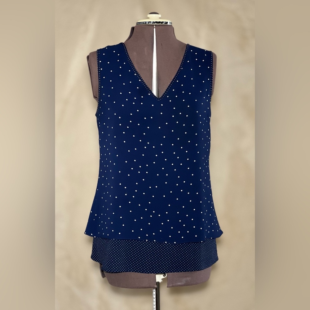 Skies are Blue Navy Polkadot Split Back Sleeveless Blouse